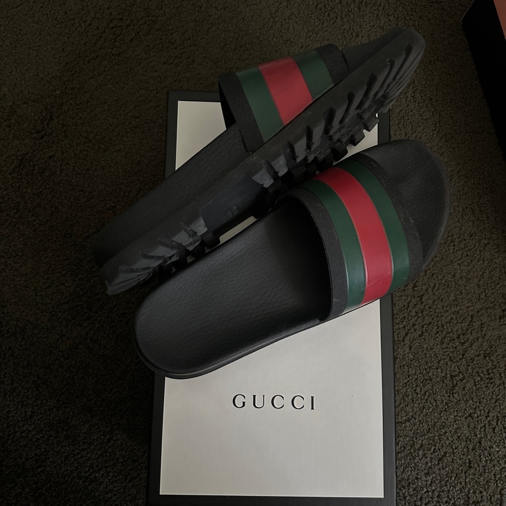 Gucci Black Slides with Red and Green Bands